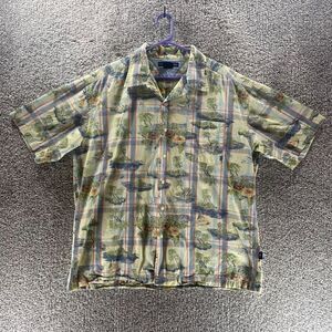 Tommy Hilfiger Shirt Mens Extra Large Hawaiian Palm Trees Beach Boat Button‎ Up